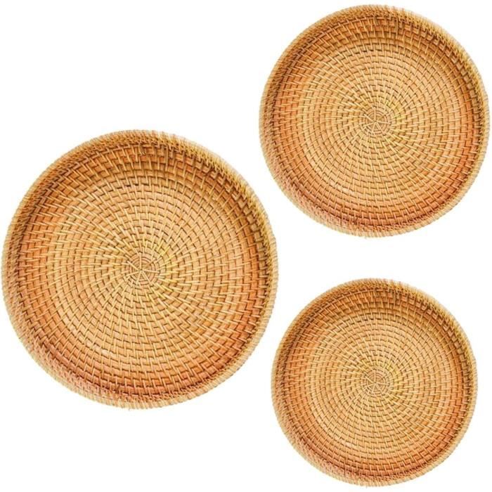 Plateau De Service Rond En Rotin Tressé Avec Poignées - 3 Tailles (25 à 35 Cm), Rustique, Pour Salon, Cuisine, Rangement