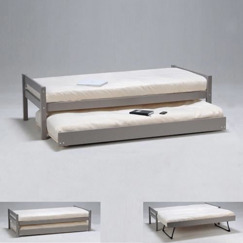 Lit gigogne 90x190cm bois + 2 sommiers + tiroir + pieds escamotables