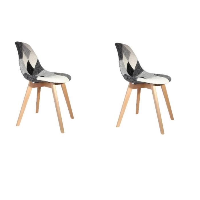 chaises - lot de 2 chaises patchwork noir et blanc | h 85 x p 54 x l 46,50 cm | pieds en bois brut | design scandinave