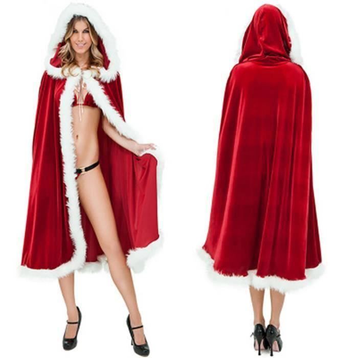 Cape de Noël pour femme， 1pc 47 " Mrs Santa Hooded Cape Costume， rouge
