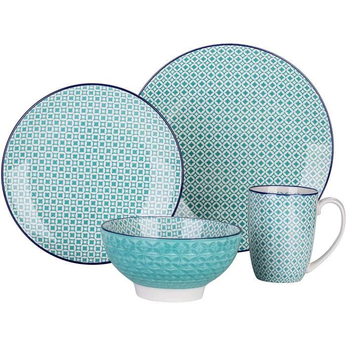 vancasso, série Macaron, Service de Table Japonais en Porcelaine 4 Pièces, Assiette Plate , Bol à Soupe-Tiffany Bleu