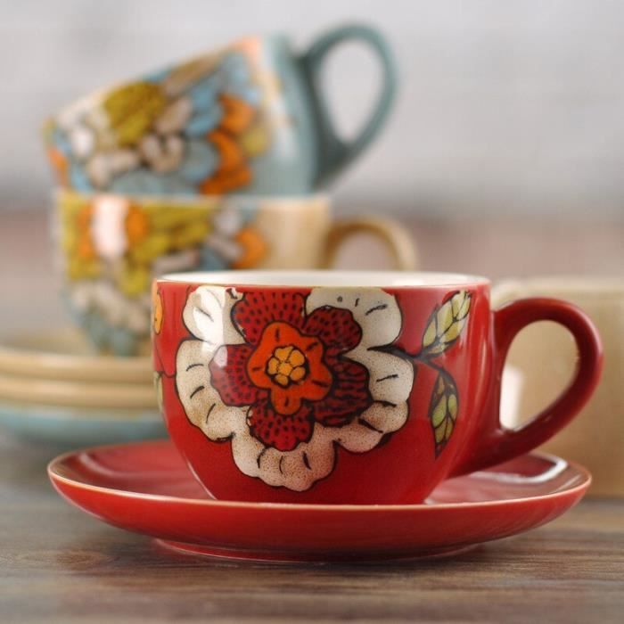 Tasse à Thé Et Soucoupe En Porcelaine 220 Ml - Motif Vintage - Ensemble Avec Cuillère - Style Rétro élégant Pour Café Ou Thé