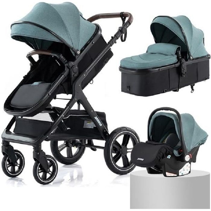 BAZARLAND30 Poussette 3 en 1 Bébé Combinée Siège-Auto Nacelle Trio Réversible Réglable Haute Qualité Roues increvables Canne.vert