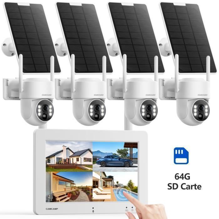 CAMCAMP Kit Caméra Surveillance Solaire WiFi Exterieure Sans Fil 4MP avec 7 NVR écran