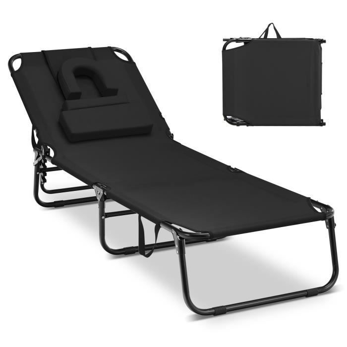 costway chaise longue pliante réglable à 5 positions - appuie-tête et cavité faciale, pour terrasse, camping, 160 kg, noir