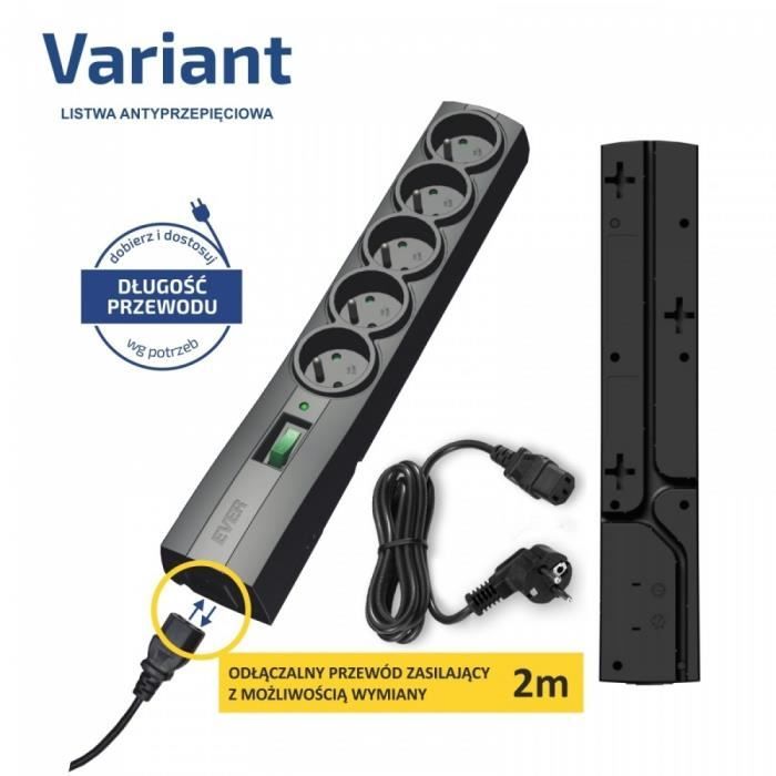 Multiprise - EVER - Variant 2M - 3 Prises - Parafoudre - 2 Ports USB - Intérieur