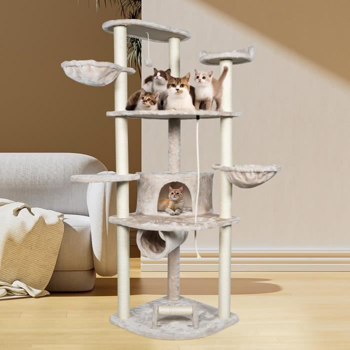 Meilleurs prix pour Arbre à chat Tour avec Griffoir Rembourré, Habitat en Peluche avec Boules Suspendues, Pochettes pour chat et Trou pour chat et