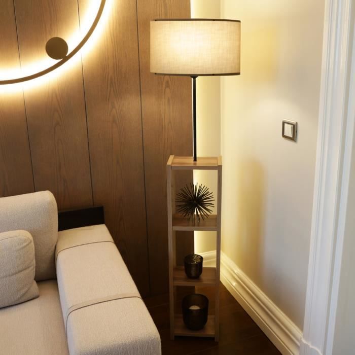 lampadaire redditch avec étagère hauteur 150 cm e27 effet bois - noir - beige [lux.pro]