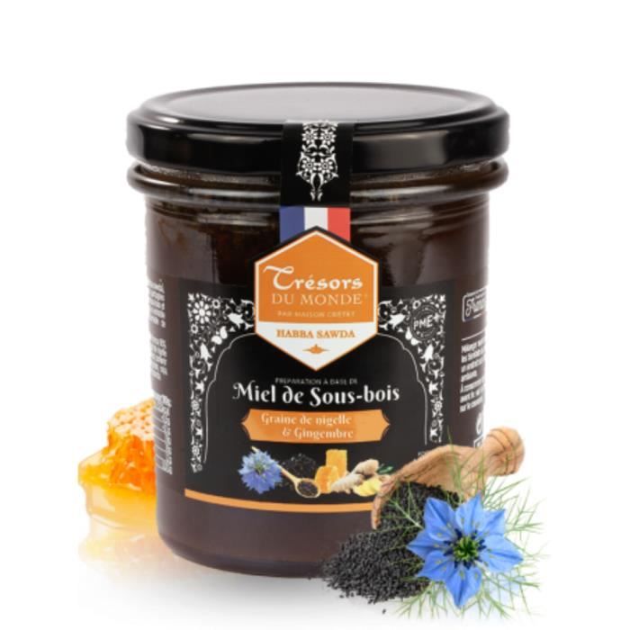 Maison Crétet-Miel ambré gingembre nigelle-miel de france-habba sawda-Pot verre- Préparation pot de 400g