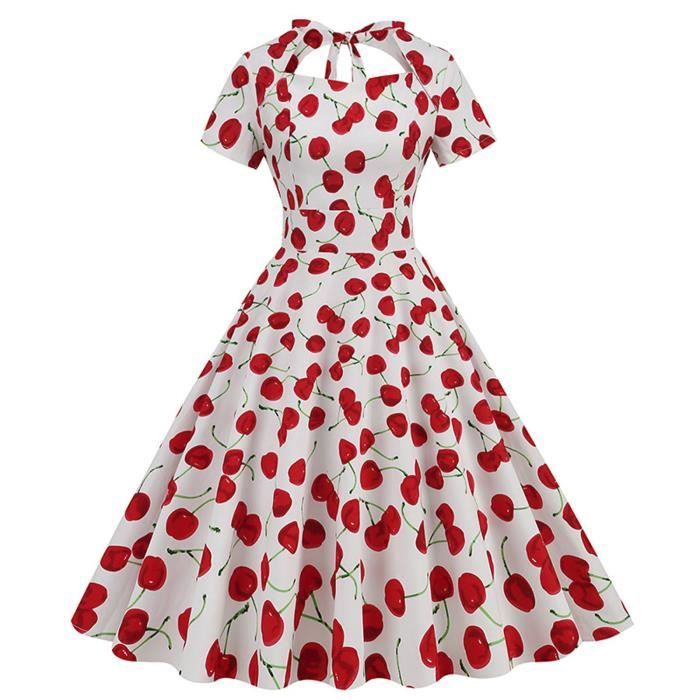 Robe trapeze Hepburn a manches courtes et imprime cerise vintage pour femme S Blanc Blanc Cdiscount Pret a Porter