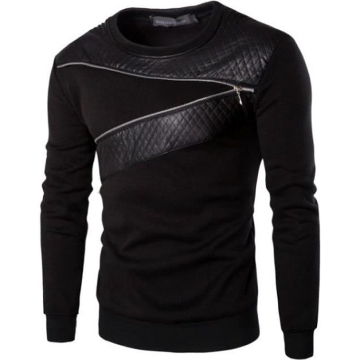 Pull Homme en cuir pu mode Pull de marque Pull à col rond Pull à glissière  Pull décontracté Pull Hommes-noir