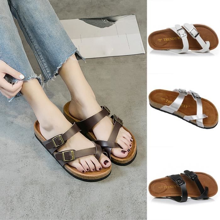 Femmes Cross Toe chaussures de plage Sandales plates Sangle épaisse semelle  en liège Chaussons Noir - Cdiscount
