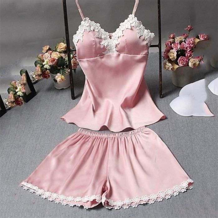 2PC Lingerie femmes nuisette chemise de nuit chemise de nuit vetements de nuit sous vetements ensemble YIJ81106682PKM Rose Cdiscount Pret a Porter