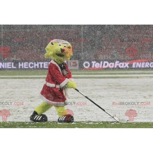 Mascotte de lion jaune en tenue de PèreNoël Costume