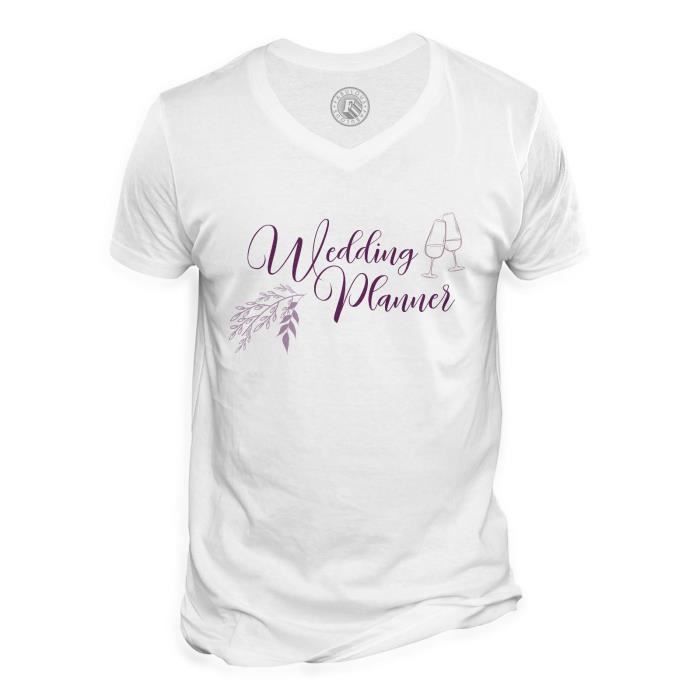 T-shirt Homme Col V Wedding Planner Calligraphie Mariage Noces Fiancée