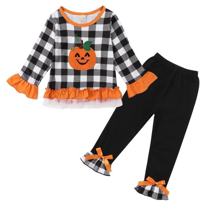 AMZBARLEY Halloween Baby Girl Costume Set Black and White Plaid Pumpkin