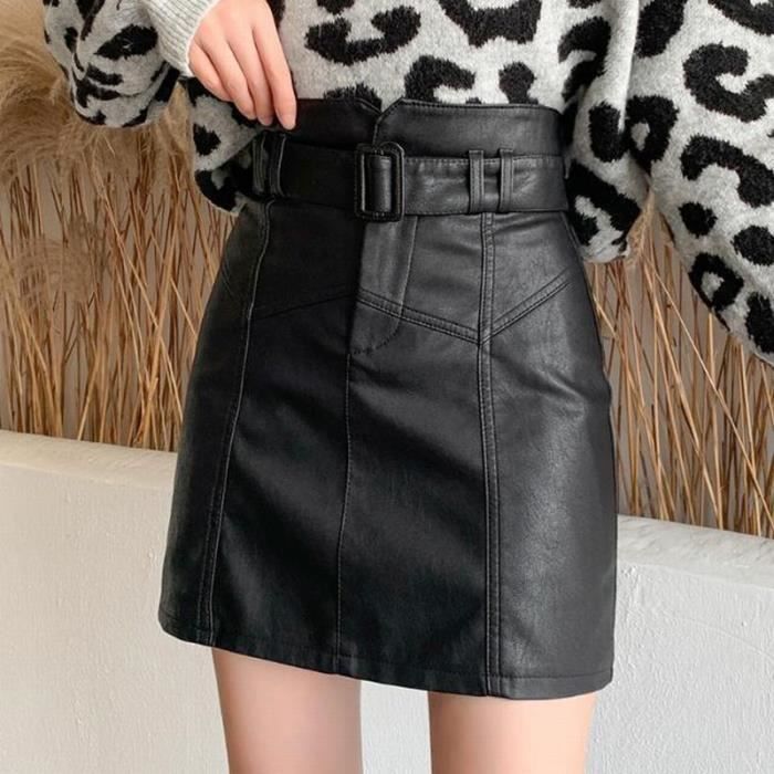 Jupe en cuir noir ECELEN Taille haute A line Micro elasticite