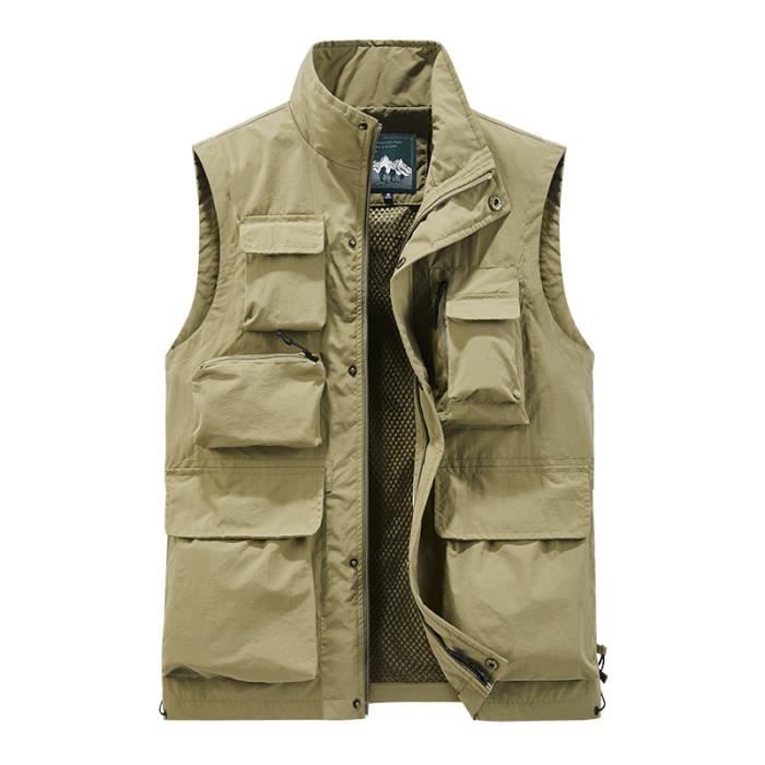 Gilet de Peche Homme en Maille Multi poches Sans Manche Leger Respirant Sechage Rapide Kaki Cdiscount Pret a Porter
