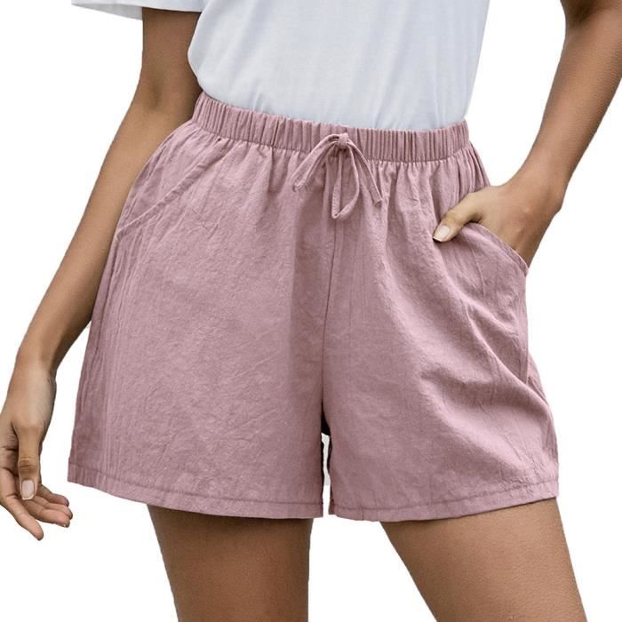 Short Lin Coton Femme été Chic Large Fluide Pas Cher Shorts Habillé Femme  Grande Taille élastique avec Poches Confortable rose