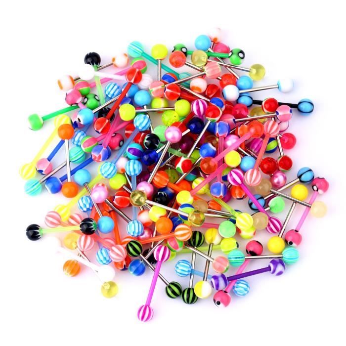 OUFER 100 Pièces Piercing Langue 14G en Acier Inoxydable 316L Boule Acrylique Langue Anneau de la langue Couleur Aléatoire