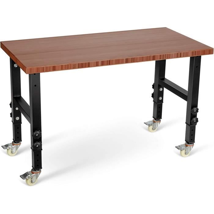 RELAX4LIFE Établi de Travail en Bambou- Roulettes Freinables - Hauteur Réglable 77-101cm,Table Charge 500KG pour Garage/Atelier,Café