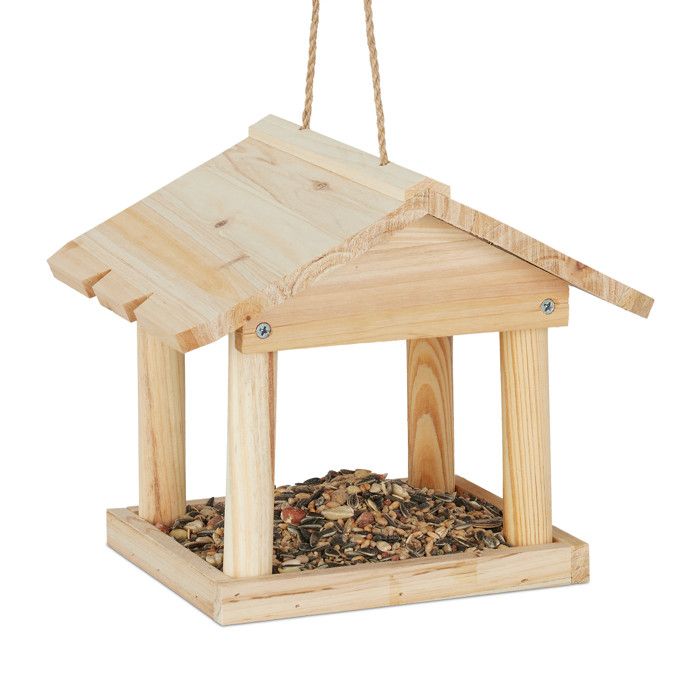 Comparer les prix de Relaxdays Mangeoire à suspendre, maisonnette pour jardin et balcon en bois non traité, petite mangeoire de pin naturel -