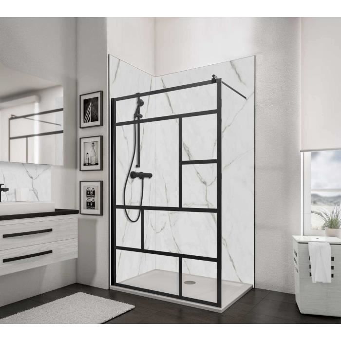 Paroi de douche à l'italienne 120x200 cm, verre 6 mm anticalcaire décor Atelier, profilé noir à clipser, Schulte