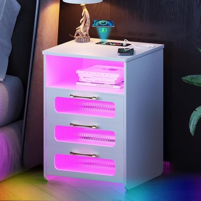 Table Chevet Charge Usb Table De Chevet Moderne Avec Station De Charge USB, Lumière LED RGB Et 3 Tiroirs - Blanc 45x35x62cm
