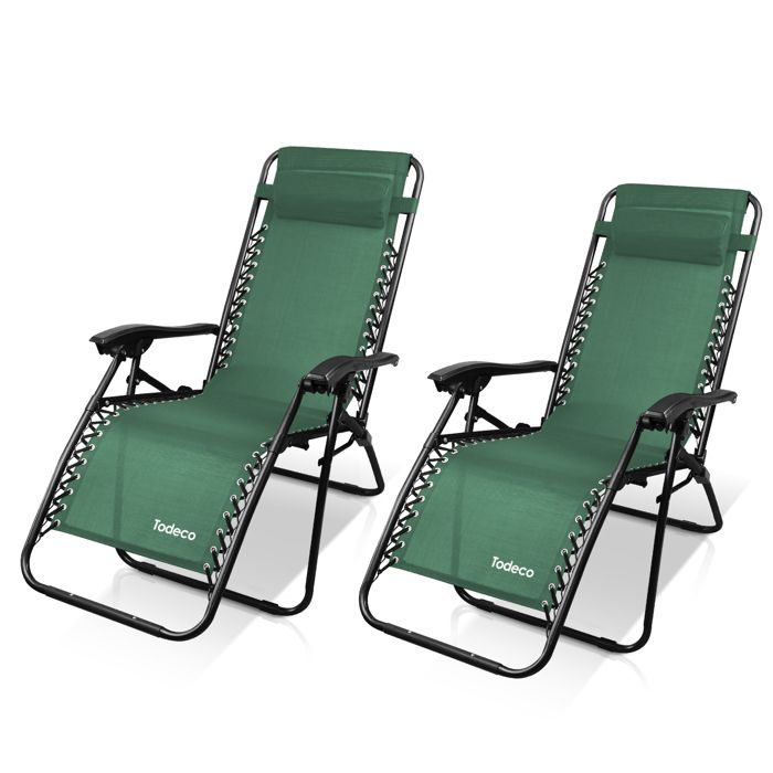 transat en textilène de jardin, chaise longue inclinable, 165 x 112 x 65 cm, vert, textilène, pack de 2, avec coussin, charge maxima