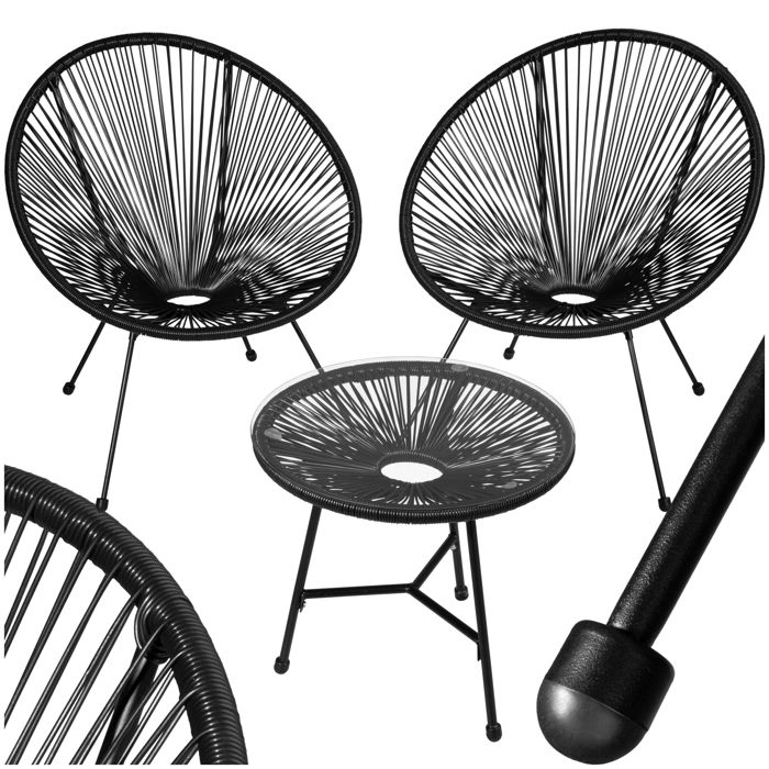 Ensemble de chaises de jardin - TECTAKE - Mobilier extérieur SANTANA style acapulco avec table en verre 705x69x78 cm - Noir