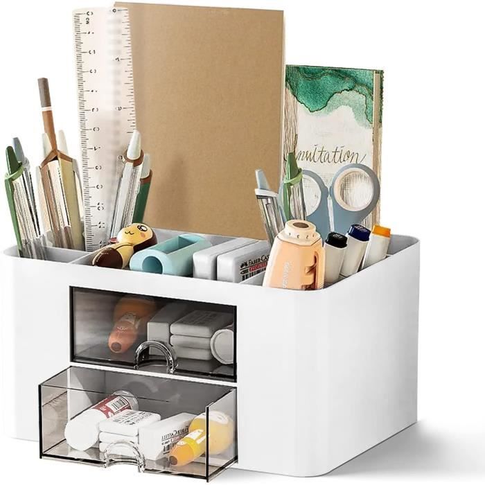 2 Organisateurs De Bureau Avec 5 Compartiments + Tiroir - Range Stylos, Papeterie - Rose & Bleu - 10
