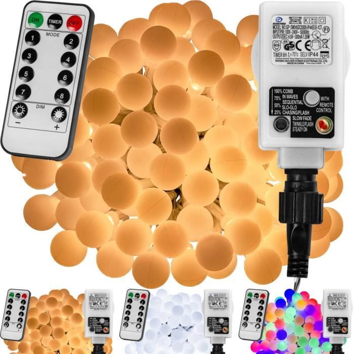 guirlande lumineuse boules led voltronic, 10m, blanc chaud, 100 led, secteur avec télécommande