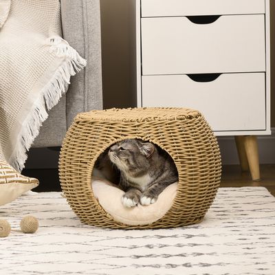 Niche Ronde En Rotin Pour Chat/chien - 50x50x15 Cm - Lit Douillet Lavable, Griffoir, Design Apaisant - Couleur Gris Naturel