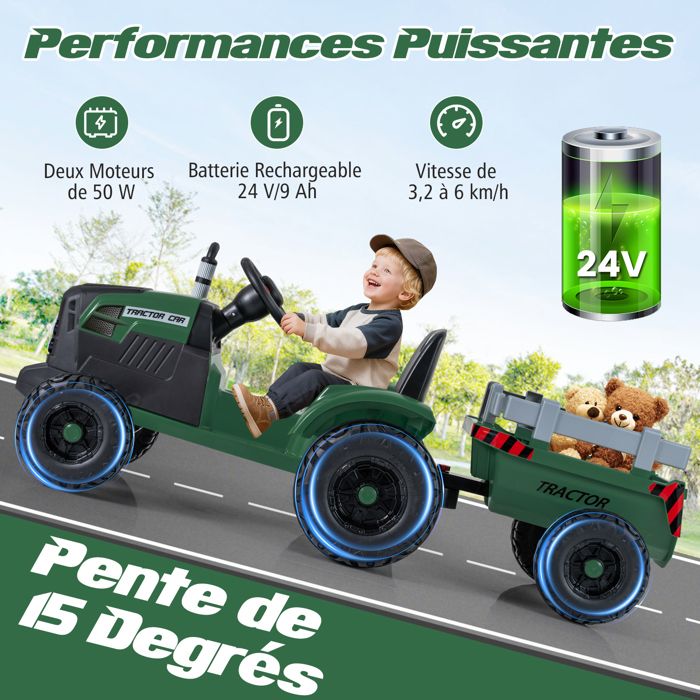 COSTWAY 24V Tracteur Électrique Enfant avec Remorque Amovible & Télécommande, Voiture Électrique Enfants avec Musique & Klaxon & Phares LED, Démarrage en Douceur, 3,2-6 km/h pour 3-8 Ans (Rouge