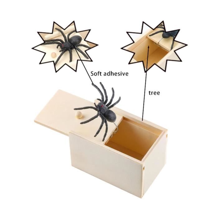 Boîte de farce d'araignée en caoutchoucboîte de boîte de surprise en bois  faite à la main, surprise d'argent d'araignée dans une boîte, trucs de farce  [version améliorée]