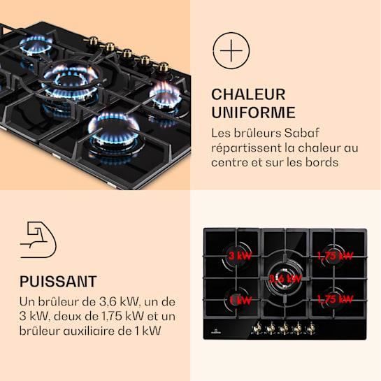 Cuisinière Encastrable Gaz Cuisinière à Gaz 5 Feux Encastrable - Verre Noir 77,5cm - Propane/Gaz Naturel - Allumage Électronique Plaque Cuisson Gaz