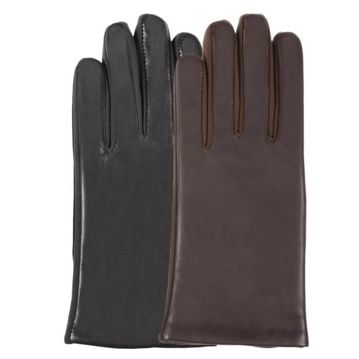 Isotoner Mitaines Femme Cuir D'Agneau Pleine Fleur Doublées Fausse Fourrure - Élégance Hivernale Noire