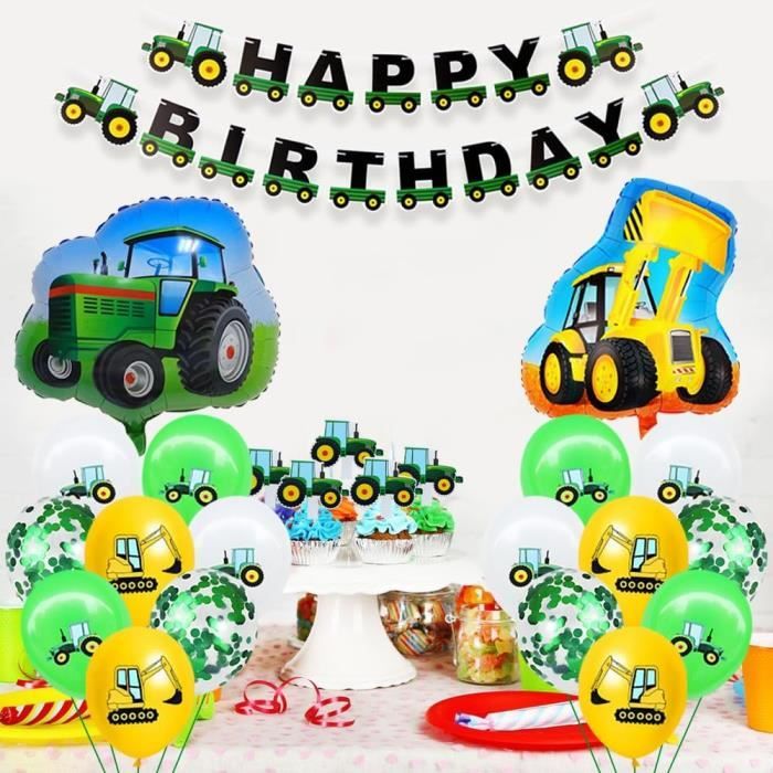 Kit Décoration Anniversaire Tracteur - 5 Ans Garçon - Guirlande, Bannière, Ballons, Décorations Gâteau - Thème Ferme Et Véhicules - 4