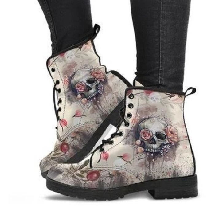 Botte bottes montantes a imprimes tete de mort et fleurs pour femme chaussures d outillage collection hiver D485301094 Blanc Cdiscount Chaussures