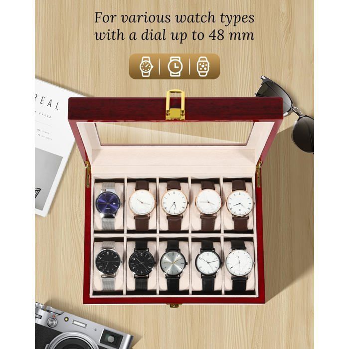 Boîte à Montres En Bois Massif Blanc Crème - Rangement Pour 10 Montres Avec Coussins Amovibles, Couvercle Acrylique