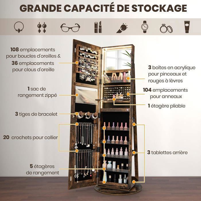 Goplus – Armoire à bijoux sur roues verrouillable – Miroir pleine longueur avec éclairage LED – 42 x 35 x 159 cm – MDF et verre