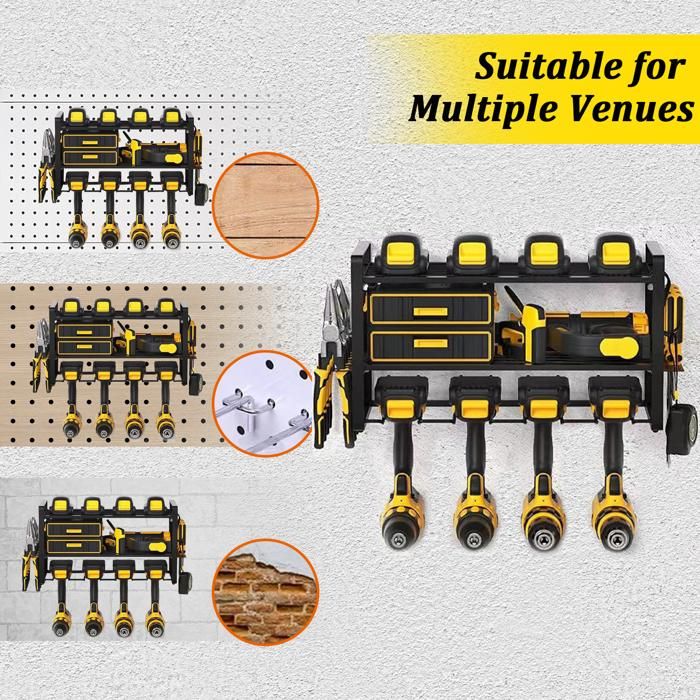 KAFAHOM Organiseur d'outils électriques, grand support mural pour 8 perceuses avec 2 panneaux perforés latéraux, étagère à outils en métal robuste avec 12 crochets, étagère de rangement pour