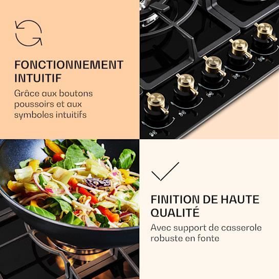 Table De Cuisson à Gaz 5 Feux Encastrable - 77 Cm, Verre Noir, Sécurité Flammes, Gaz Naturel Ou Propane