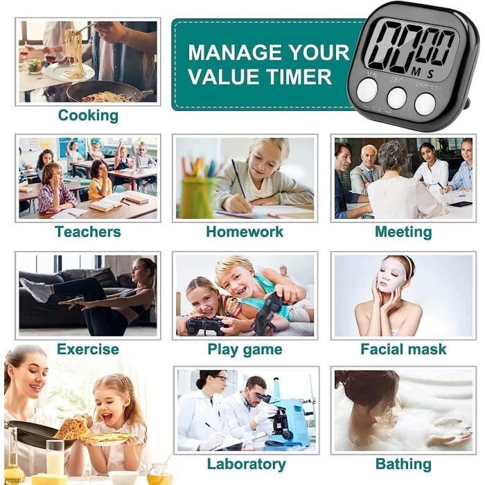 4 Paquets Alarme Forte Minuteur De Cuisine, Magnetique Time Timer avec  Grand Écran LCD, Timer Enfant pour Étude, Exercer, Cuisso