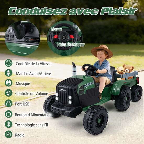 Tracteur électrique COSTWAY 12V – Pelle Et Godet Réglables, Remorque, 2 Modes – 1,7 à 4,2 Km/h – 3-8 Ans