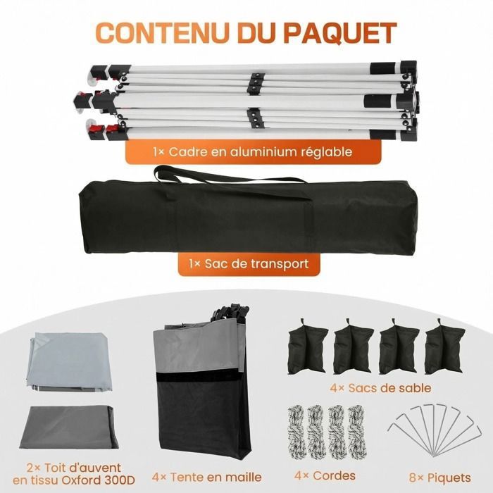 Tonnelle De Jardin Pliante 3x3m Avec Moustiquaire - Parois Latérales Amovibles, Idéale Pour Fêtes Et Camping - 8