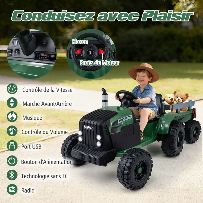 24V Tracteur Électrique Enfant avec Remorque Amovible Voiture Électrique avec 2 Moteurs & Télécommande 2,4 GHz & USB 3 Vitesses 3+Ans Vert