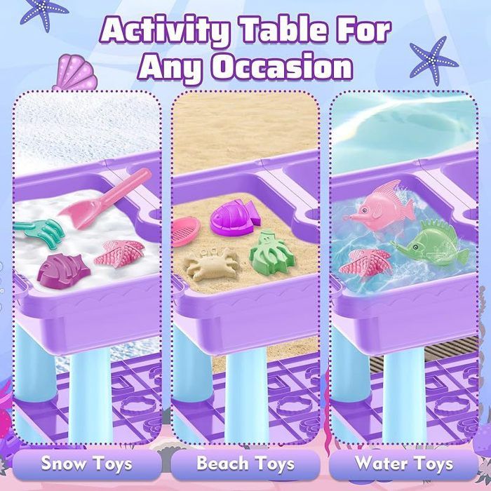 DeAO Table Sable Et Eau 3-en-1 – 26 Accessoires – Jeu De Pêche, Roue à Eau, Pelle – Couvercle Inclus – Pour Enfants 3 4 5 Ans – Bleu