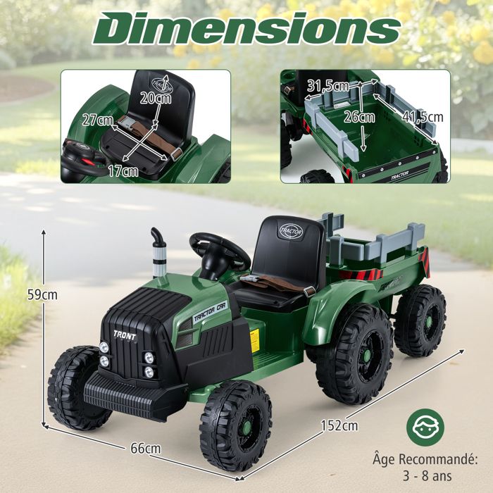 COSTWAY 24V Tracteur Électrique Enfant avec Remorque Amovible, Voiture Électrique Enfant avec Télécommande & Phares LED, Musique, 3-6 km/h, Démarrage Progressif, Charge 30 kg pour 3-7 Ans