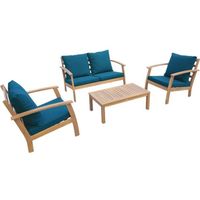 Salon de jardin en bois 4 places - Ushuaïa - Coussins bleu canard. canapé. fauteuils et table basse en acacia. design